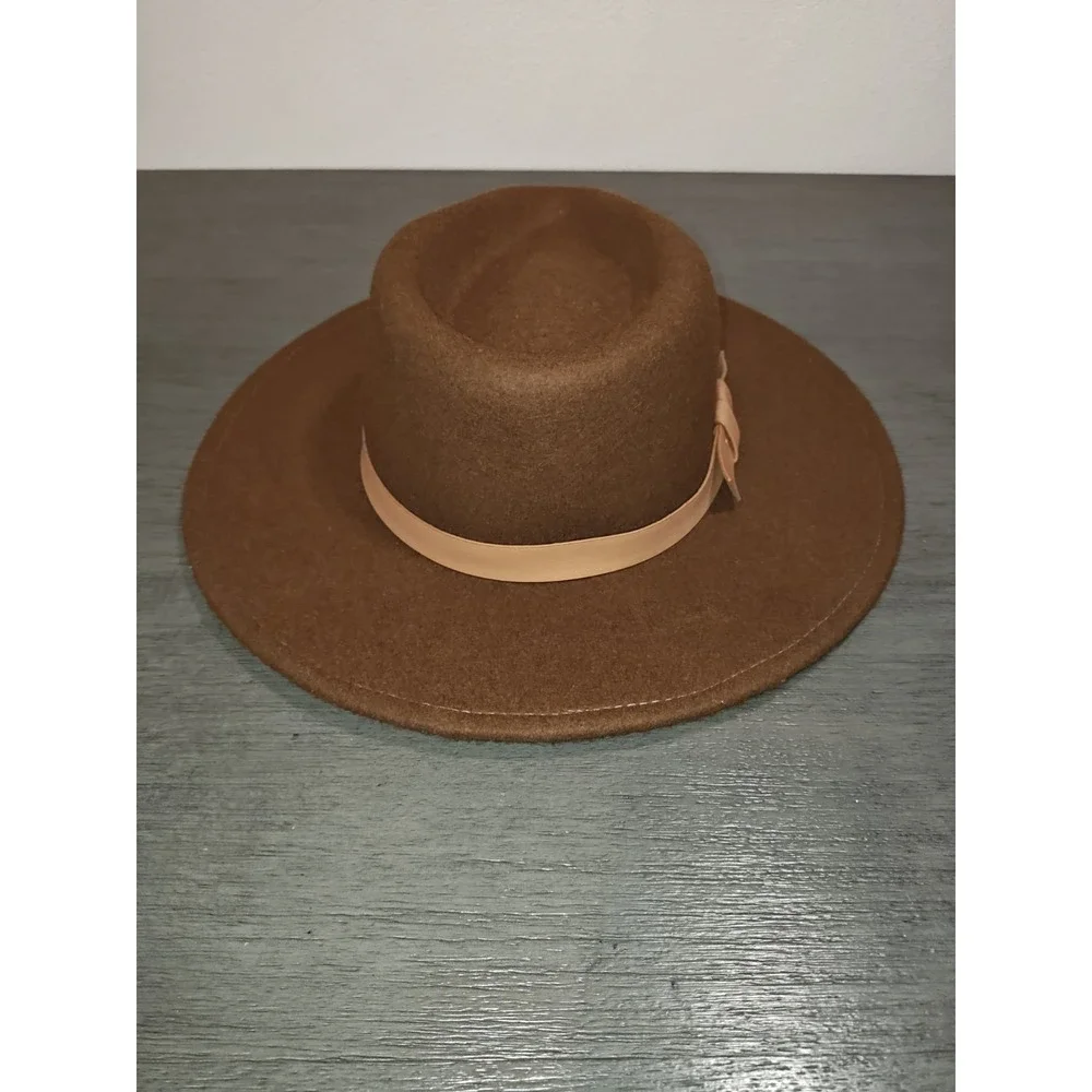 Brown 100% Wool Rancher Fedora Hat Wide Brim Western Boho 22 Inch